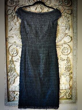 Rare Vintage Hugony Palermo Italian Boutique Black Fringe Cocktail Dress